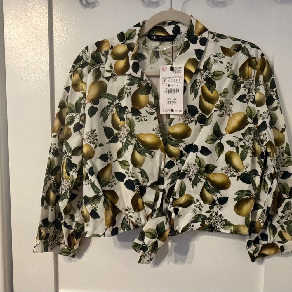 Zara Fruit Print Tie-Front Blouse
